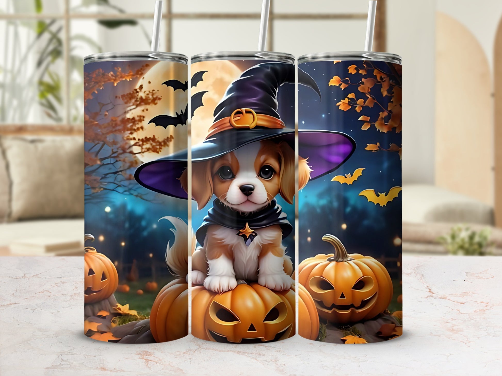 Three tumblers with Halloween-themed artwork featuring a puppy in a witch hat.