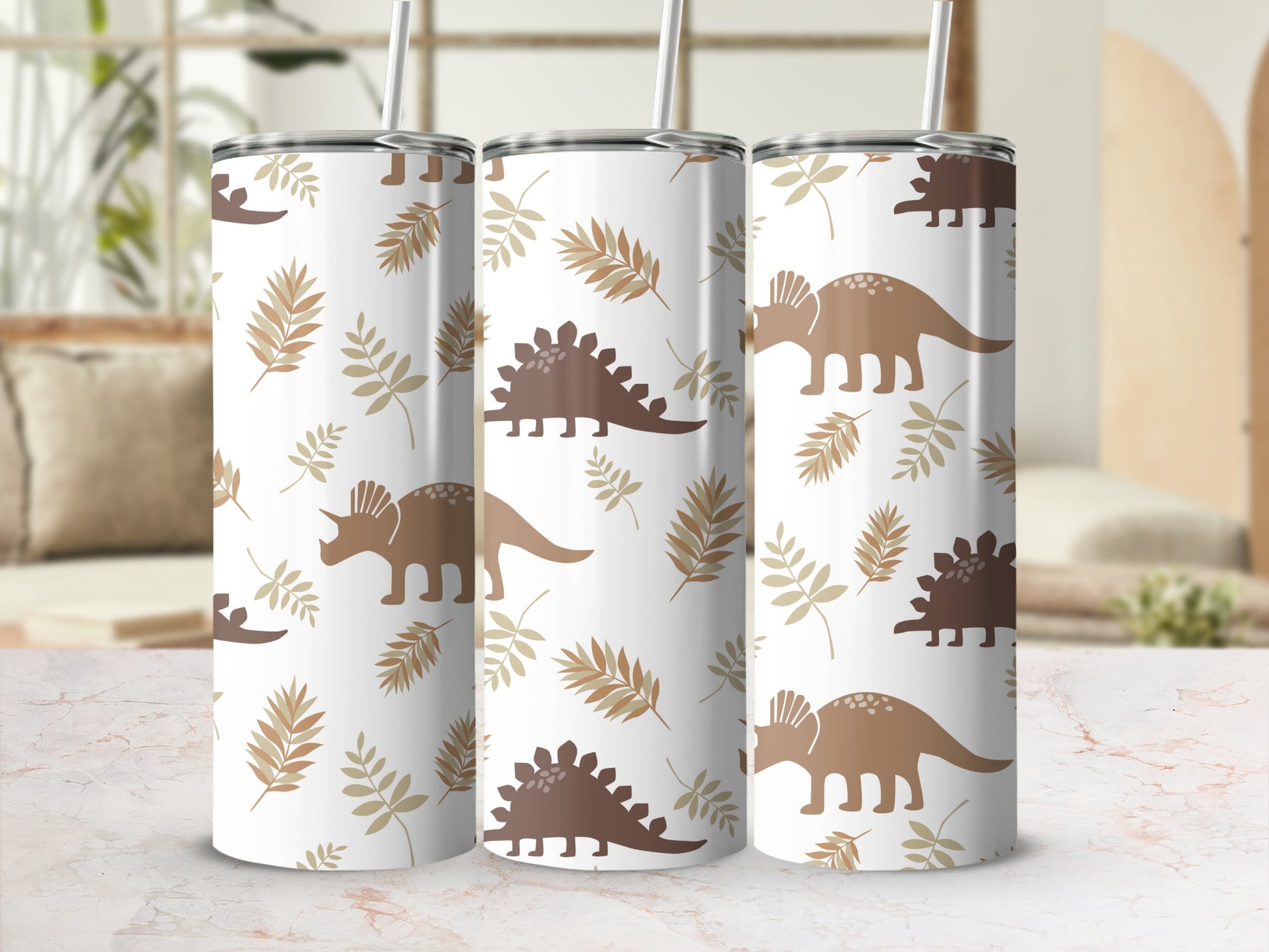Cute Dinosaur and Leaf Print Tumblers for Kids Drinkware