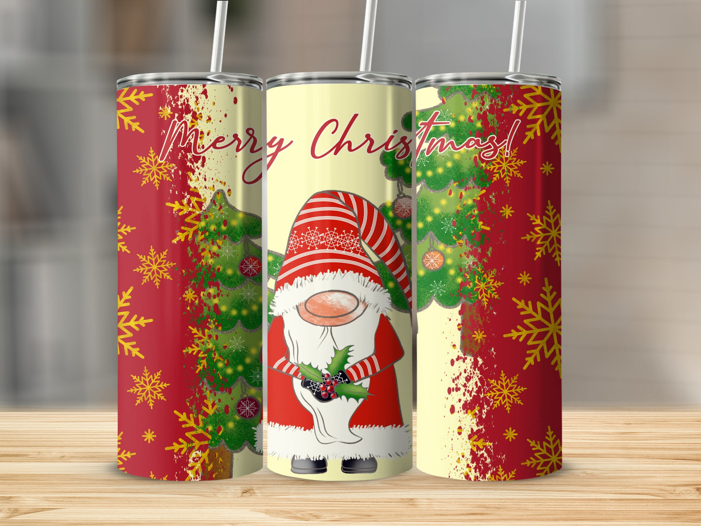 Christmas gnome with red and white striped hat holding holly, surrounded by snowflakes and trees.