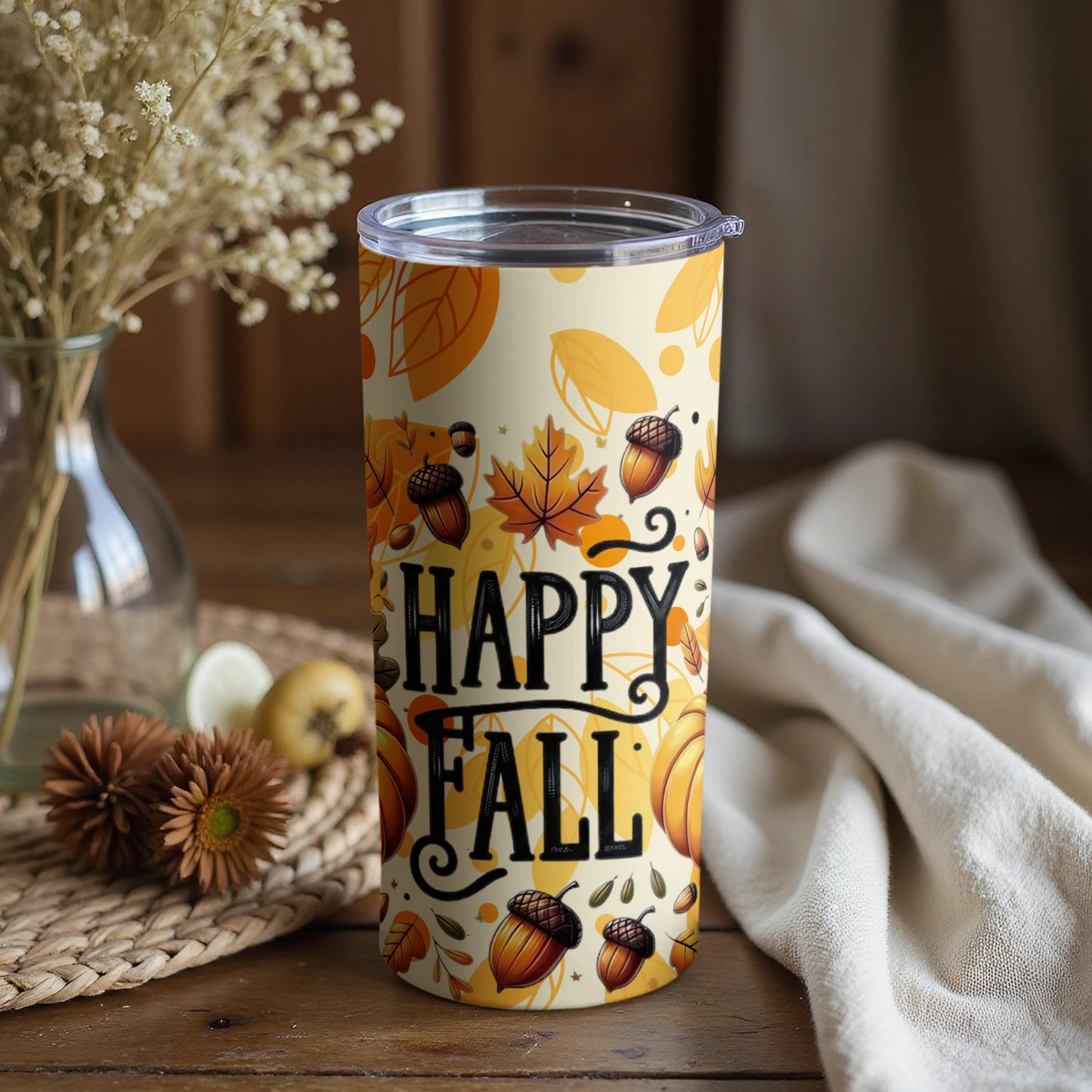 Happy Fall Acorn and Leaf Design Travel Tumbler