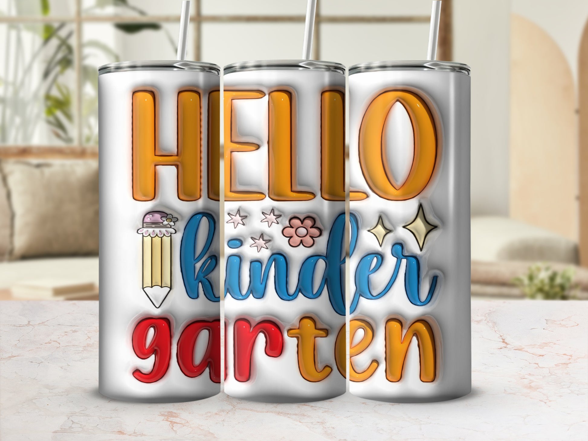 Three tumblers with "Hello Kindergarten" text and cute school elements.