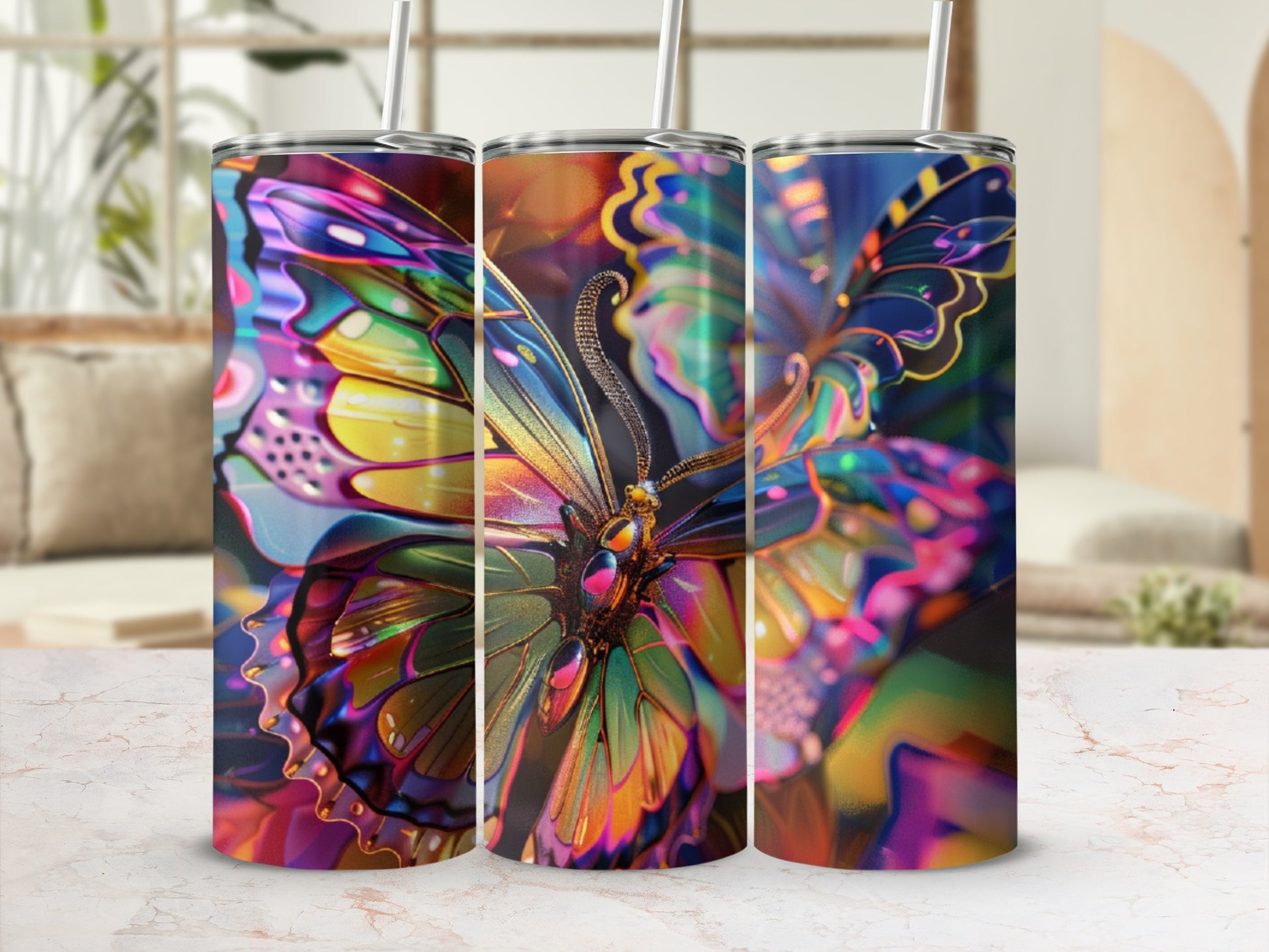 Three tumblers with colorful iridescent butterfly wing designs.