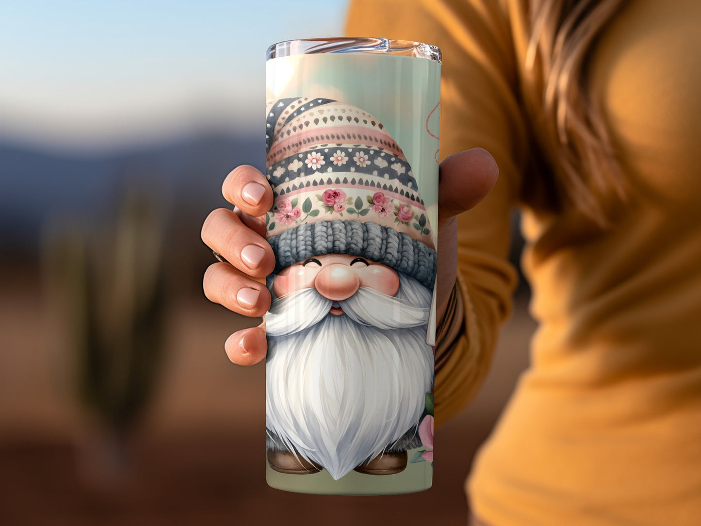 Cute Gnome Tumbler with Knitted Hat and Flowers