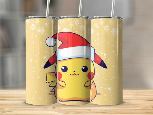 Cute Pikachu in Santa Hat with Snowflakes Tumbler