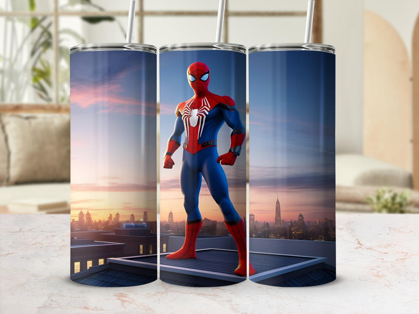 Spider-Man stands on a rooftop with cityscape at sunset.