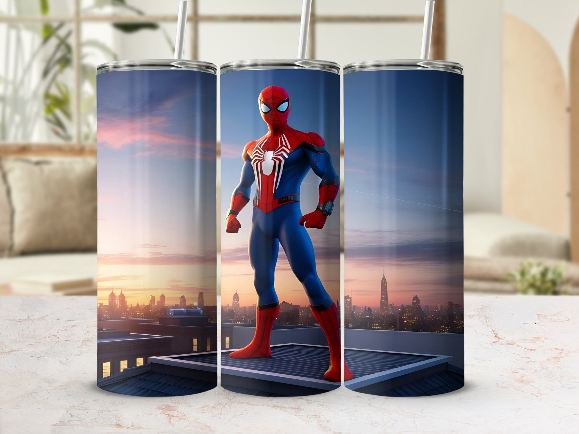 Spider-Man stands on a rooftop with cityscape at sunset.