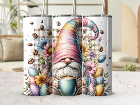 Gnome in striped hat holds mug surrounded by Easter eggs and flowers.