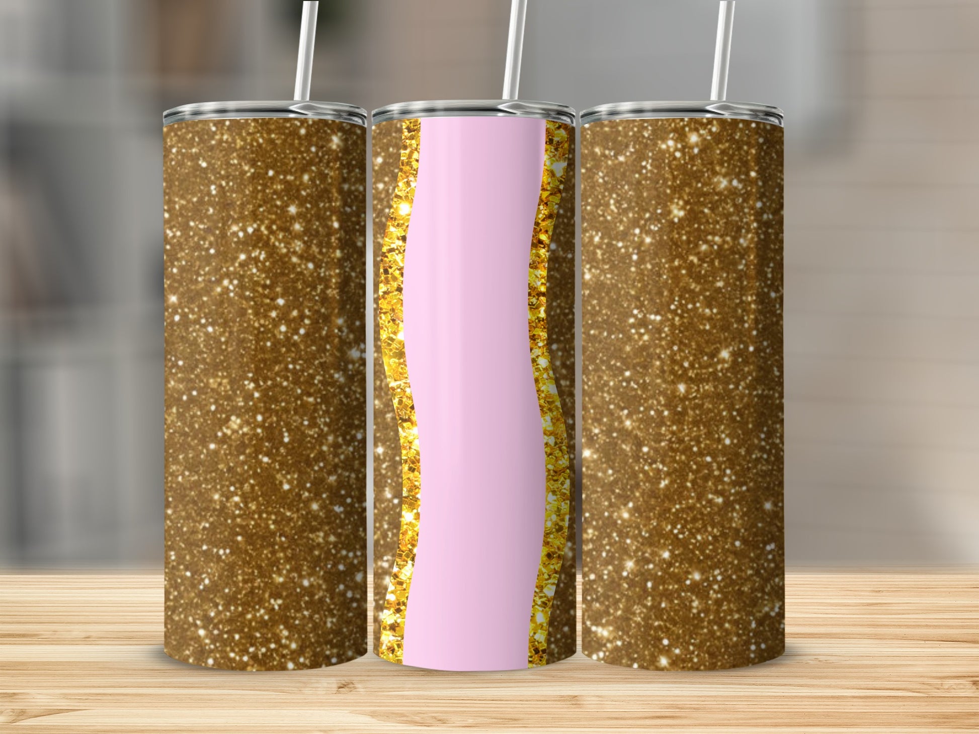 Gold glitter tumblers with a pink wavy stripe design.
