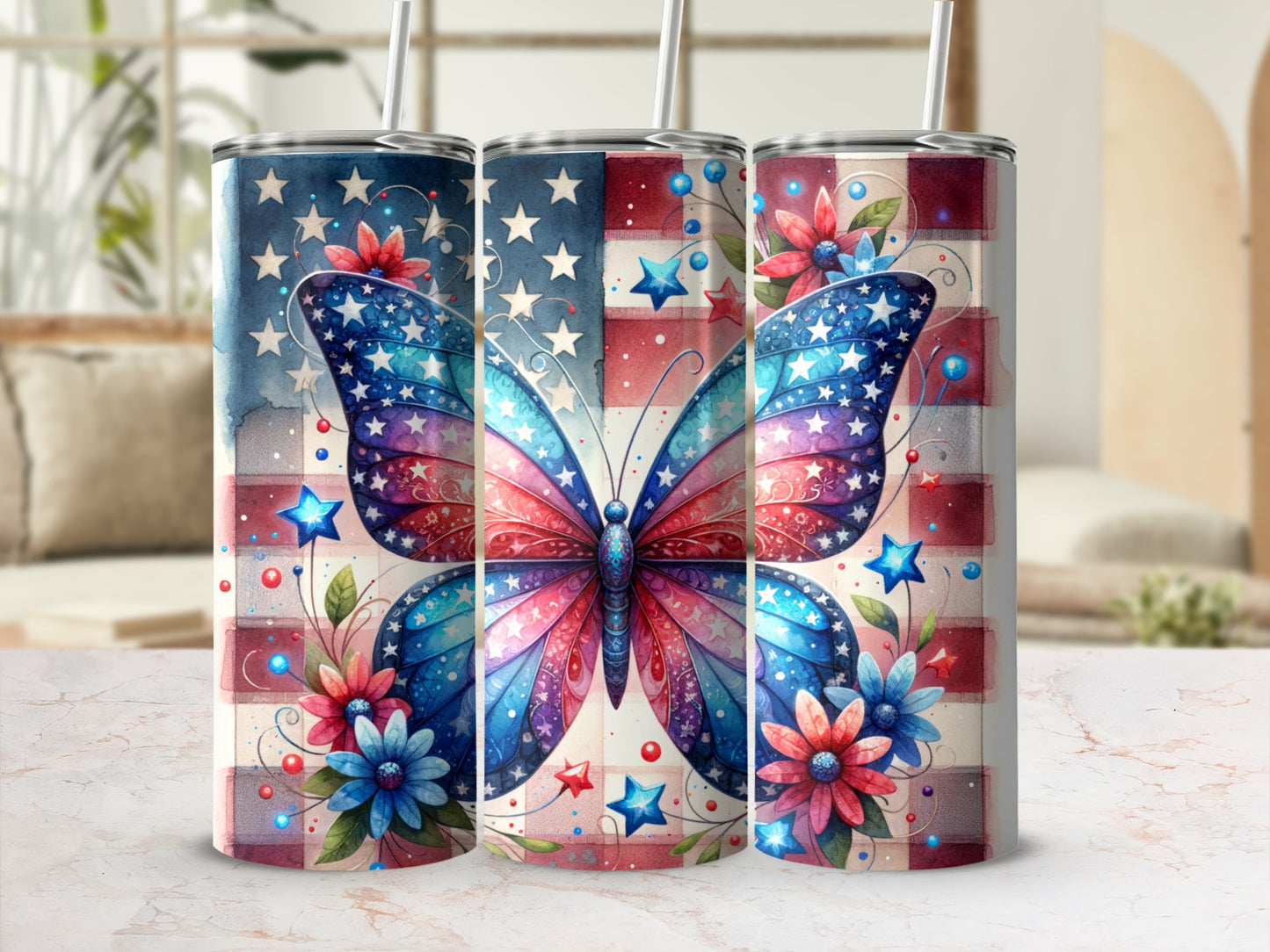 Tumbler with patriotic butterfly and floral design, stars, and subtle background.