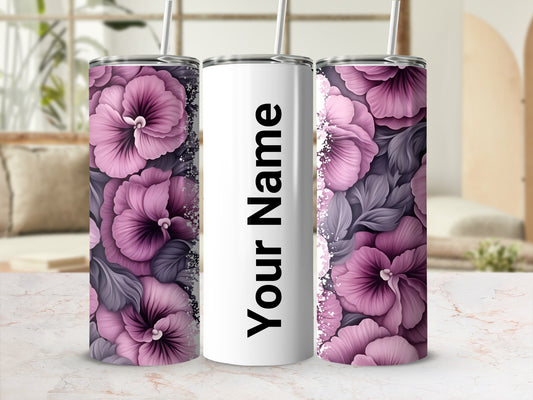 Personalized Purple Floral Design Tumbler with Straw