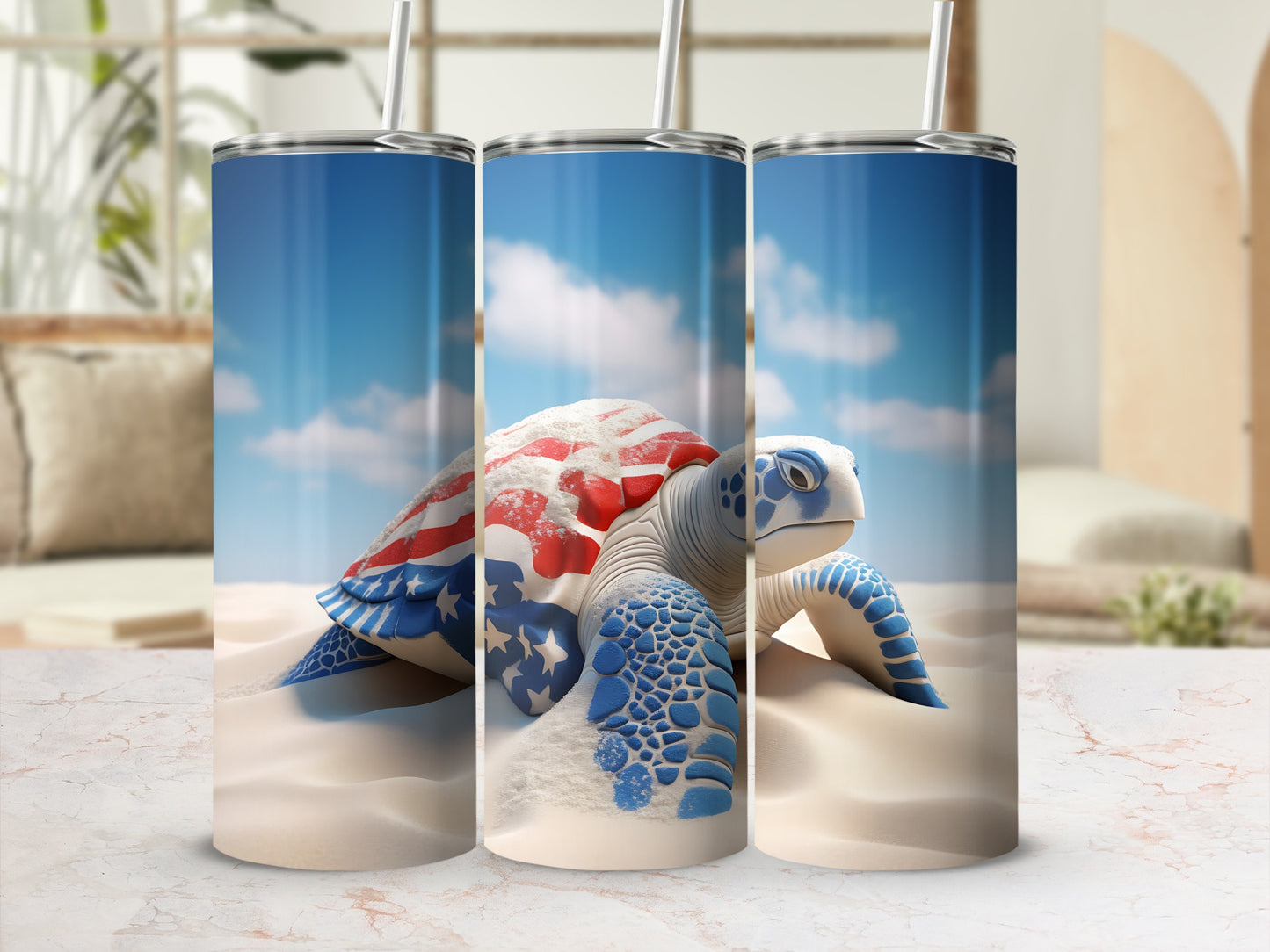Turtle tumbler with American flag pattern on sandy beach.