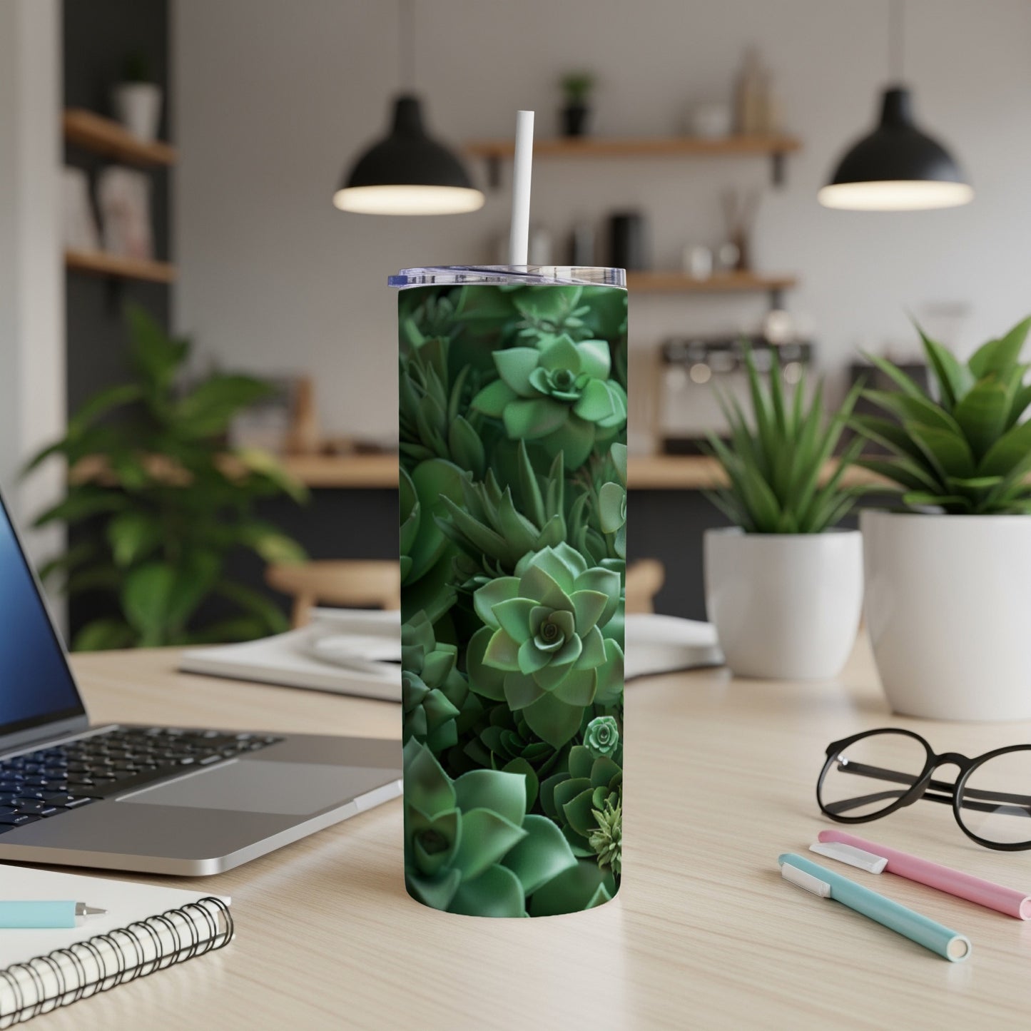 Succulent plants pattern on a slim tumbler with straw.