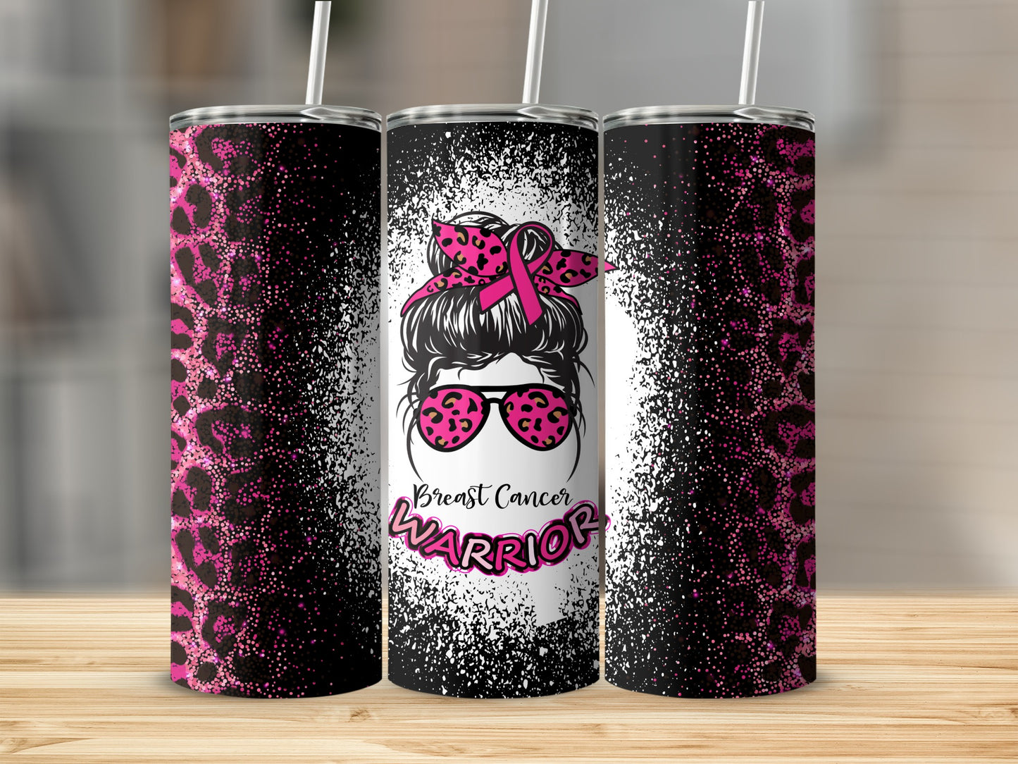 Pink leopard print tumbler with breast cancer awareness ribbon and messy bun.