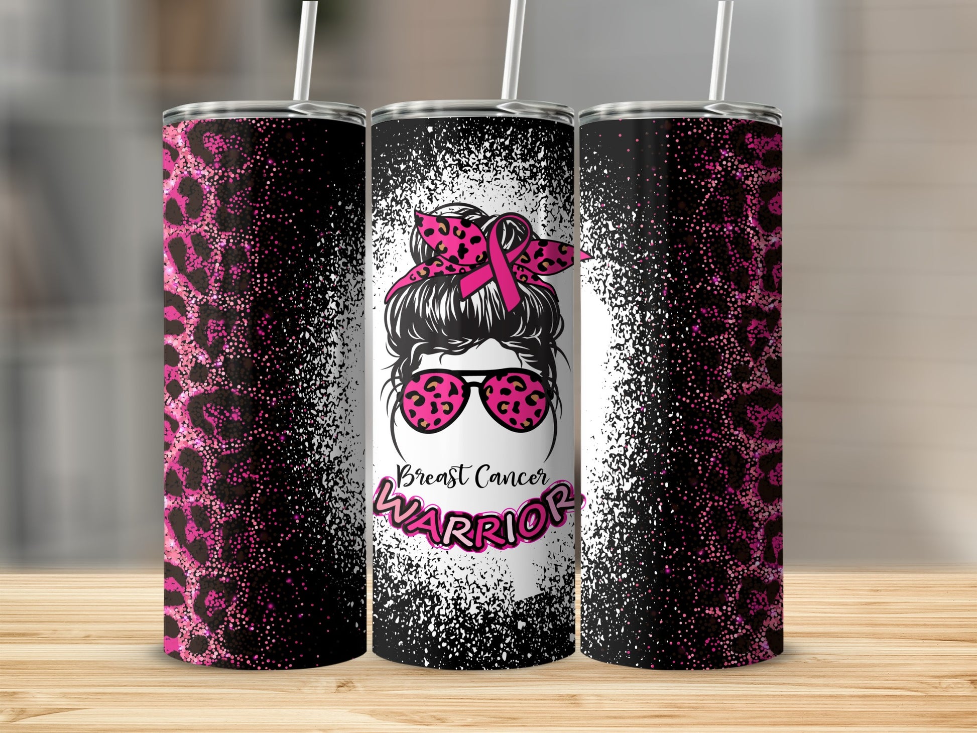 Pink leopard print tumbler with breast cancer awareness ribbon and messy bun.