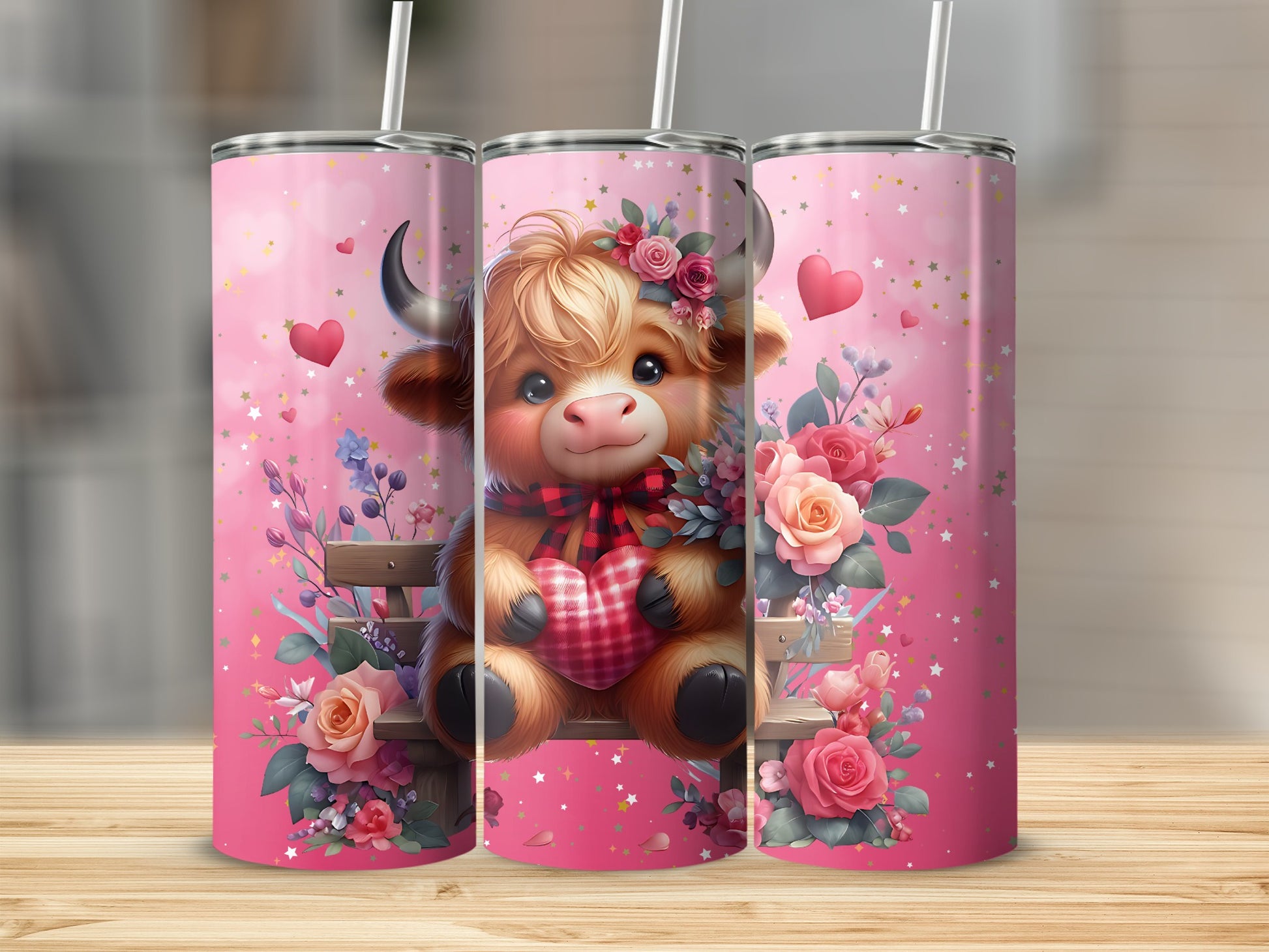 Cute Baby Cow with Hearts and Floral Design Tumbler