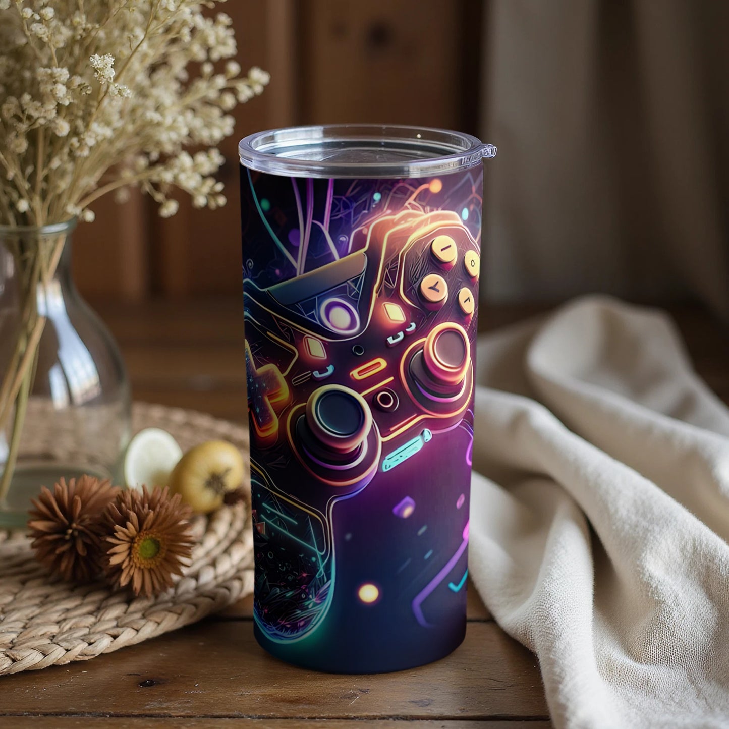 Neon Gaming Controller Themed Tumbler with Lid