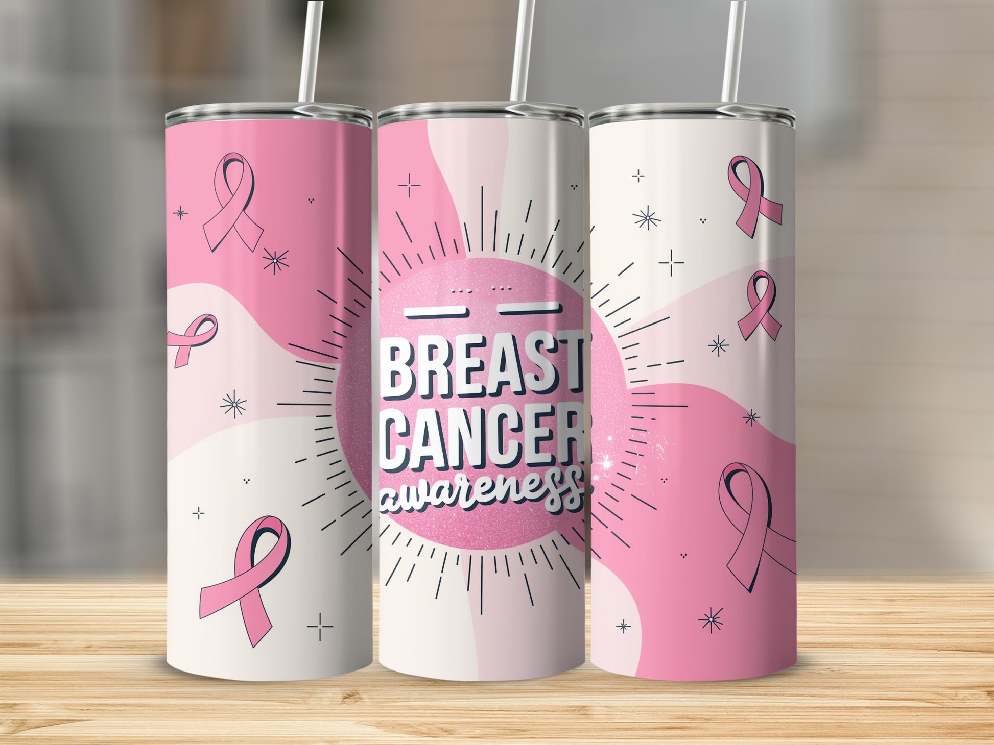 Pink breast cancer awareness tumbler with ribbon design and "BREAST CANCER awareness" text.
