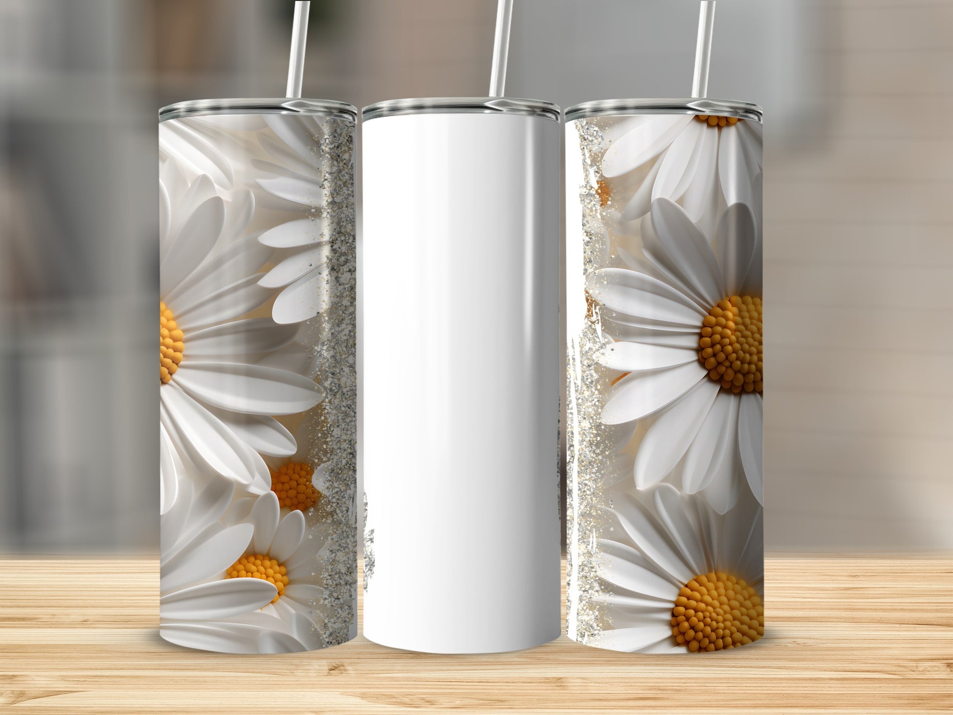 White daisy tumbler with glitter accents on wooden surface.
