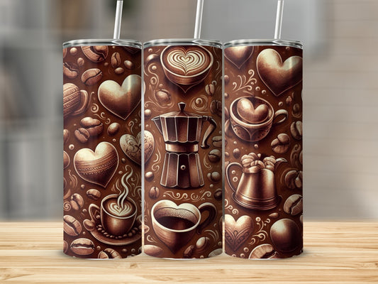 Brown tumbler with hearts, coffee beans, and Moka pot design.
