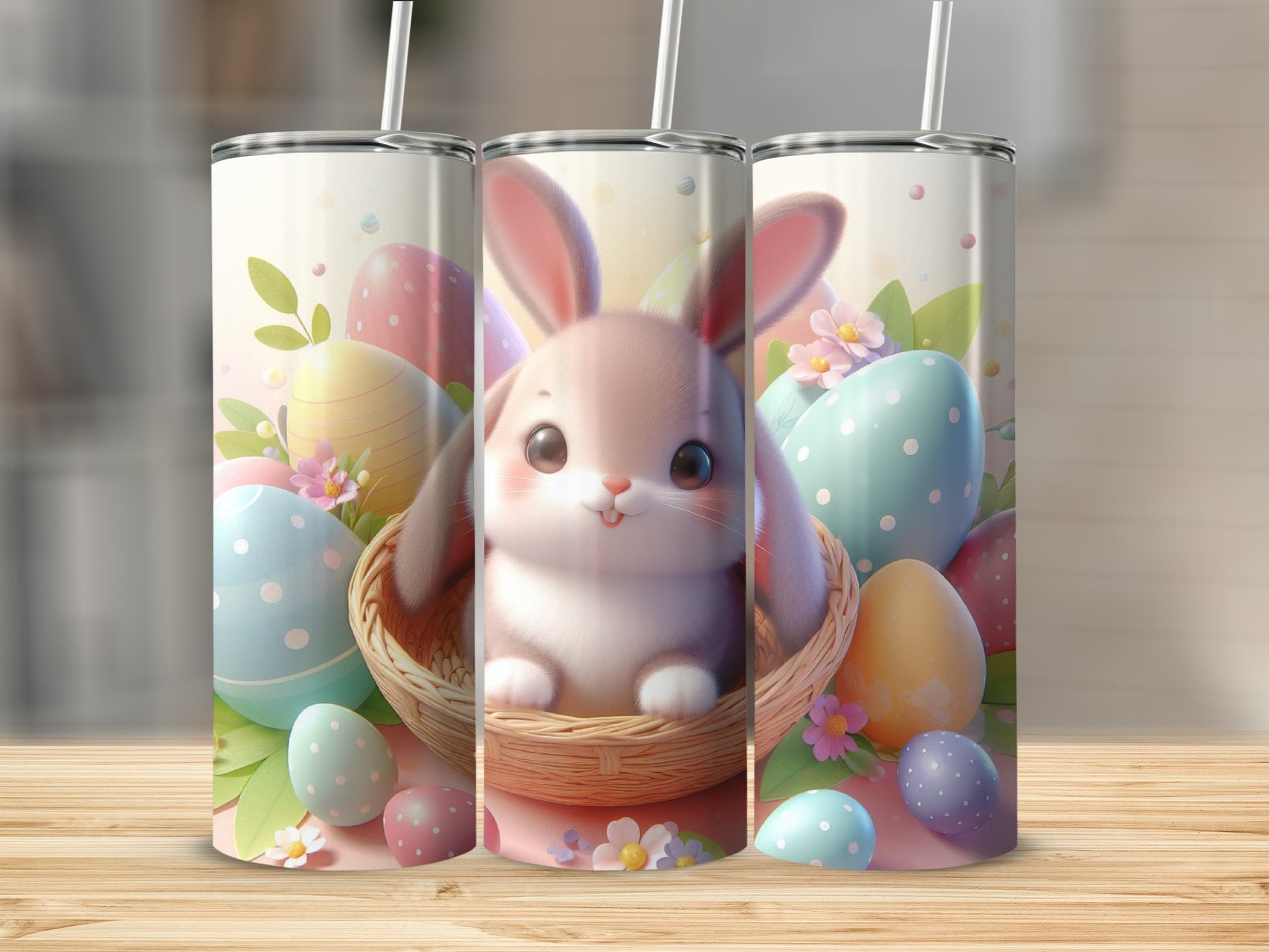 Cute bunny in a basket surrounded by colorful Easter eggs.