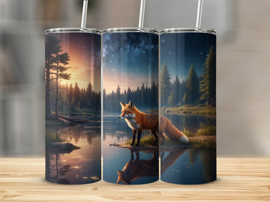 Fox standing by a lake with a forest backdrop and starry sky.