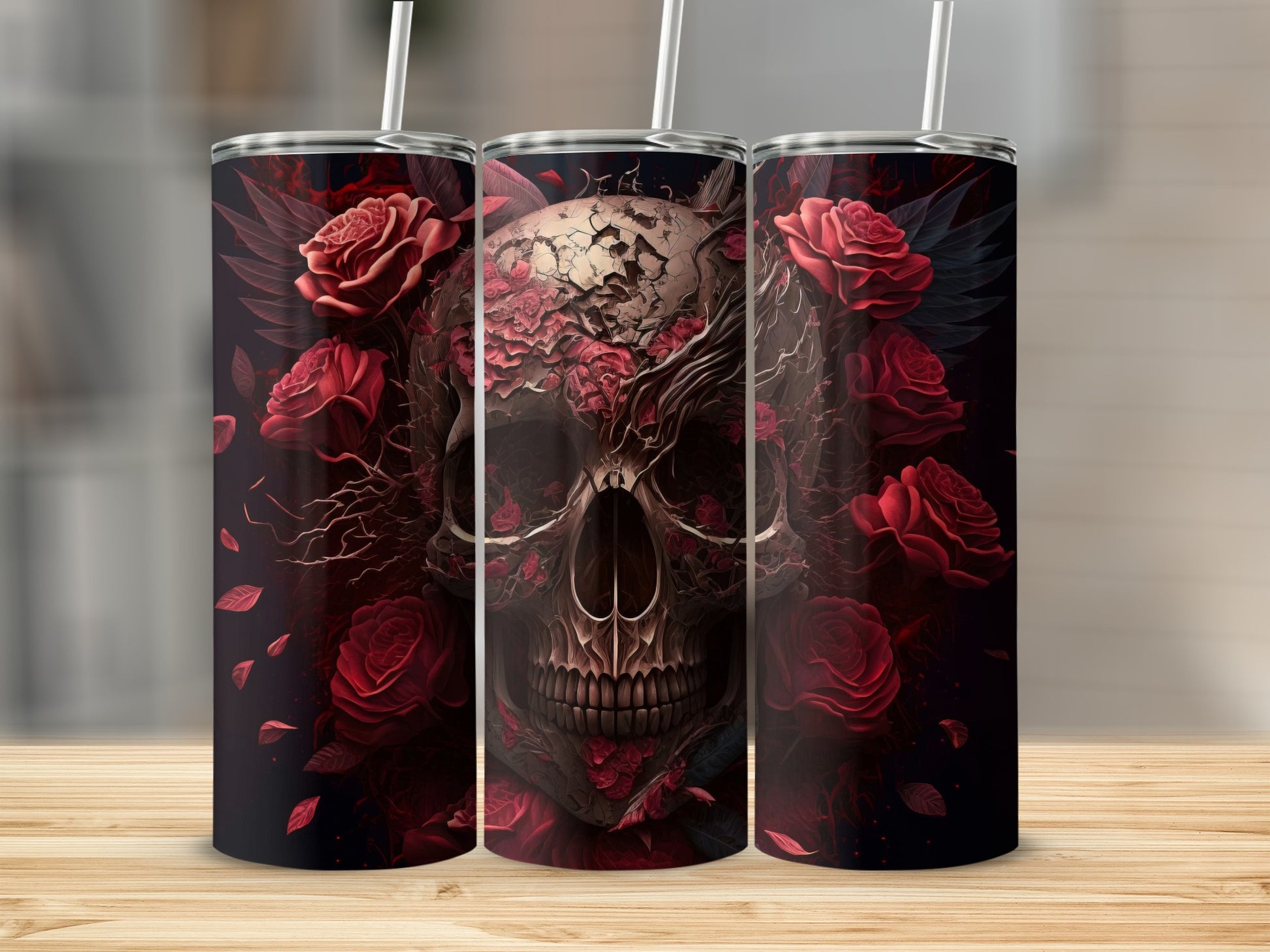 Gothic Skull and Roses Full Wrap Tumbler Design