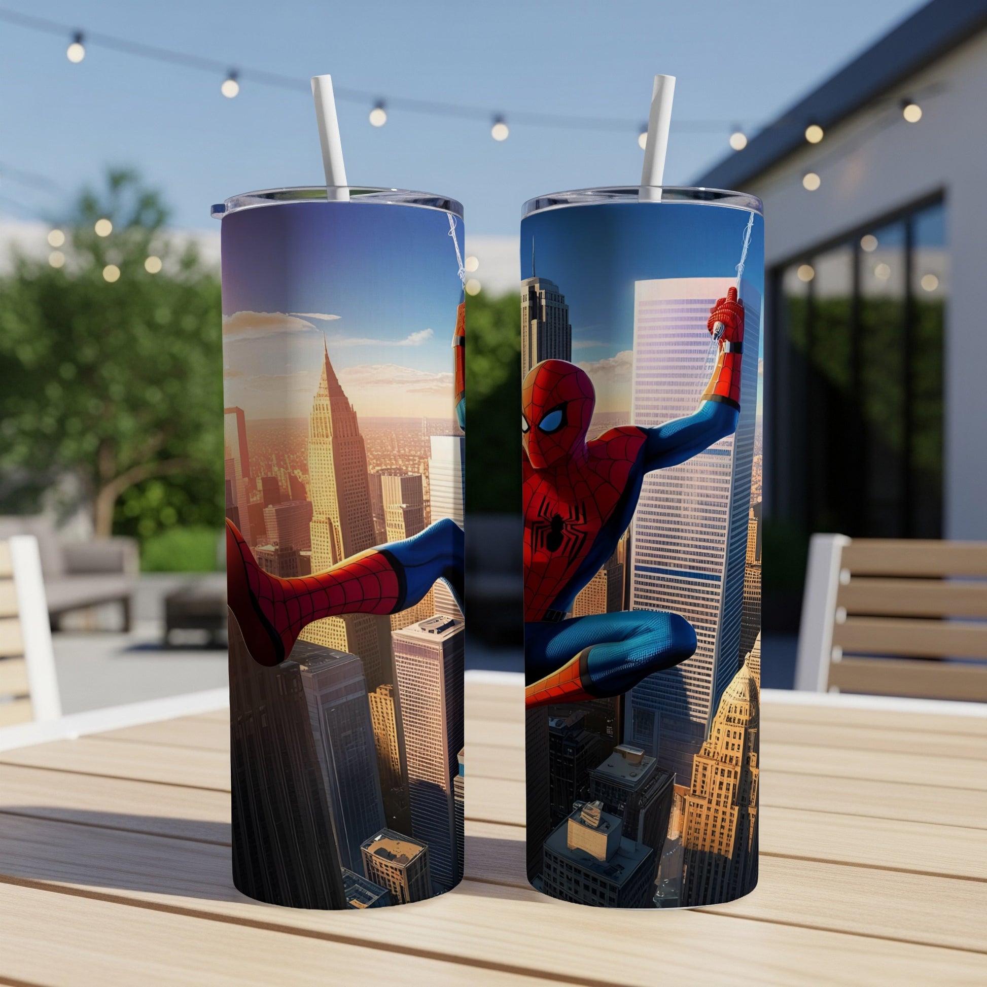 Spider-Man swings through a city skyline on a white tumbler with a straw.