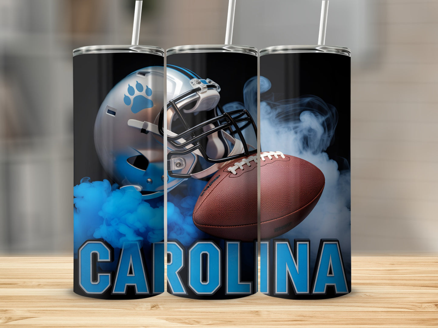 Carolina Panthers helmet and football with blue smoke.