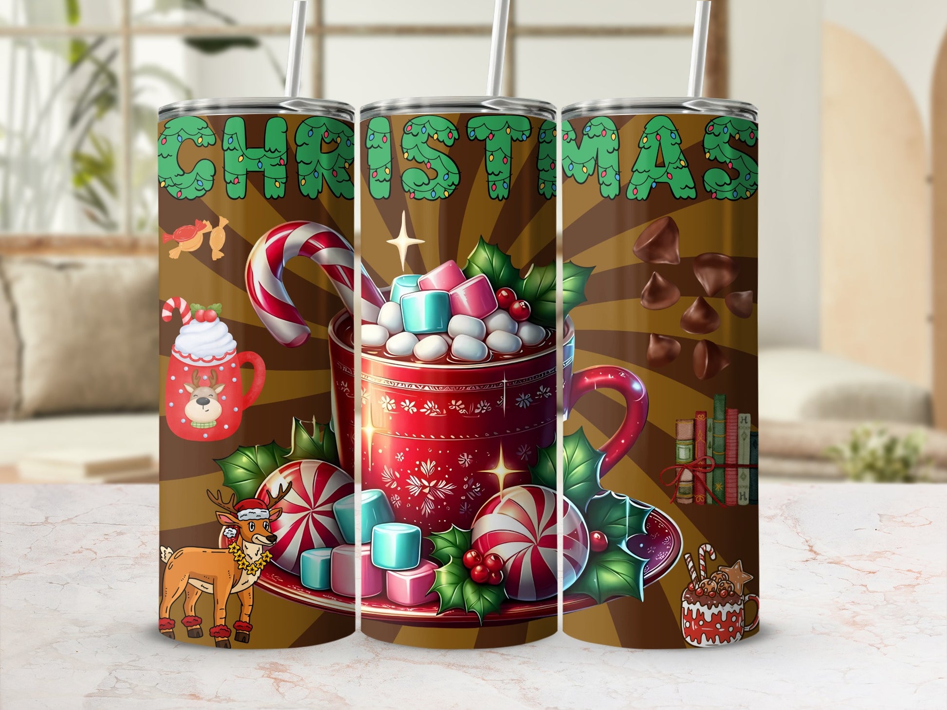 Christmas Hot Cocoa Candy Cane Reindeer Pattern Tumbler