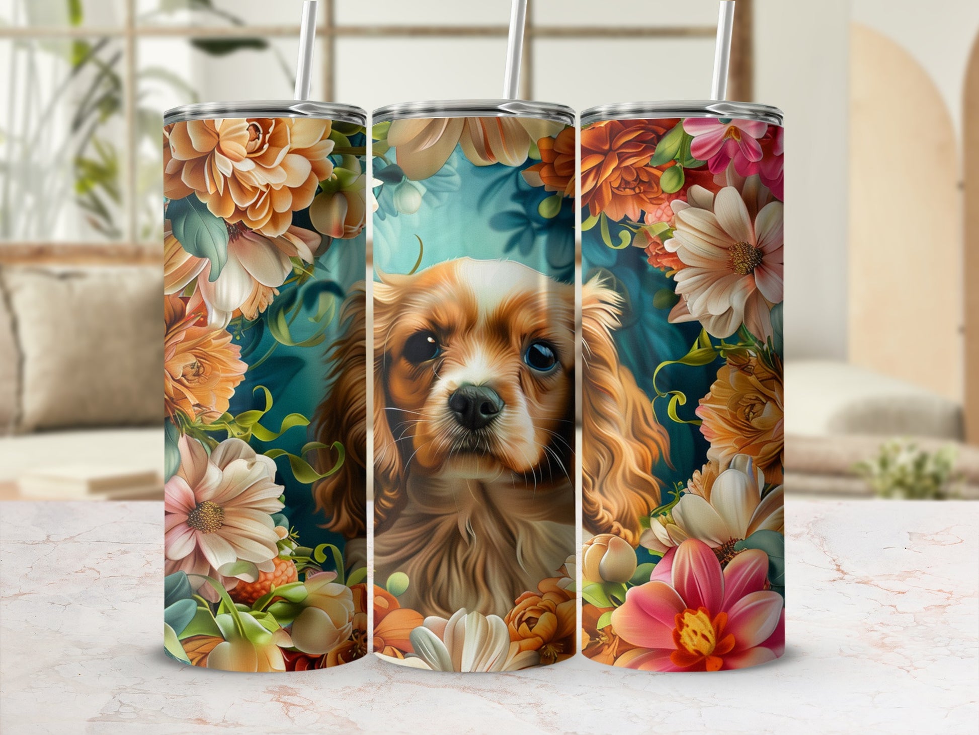 Three tall tumblers with a dog surrounded by flowers.