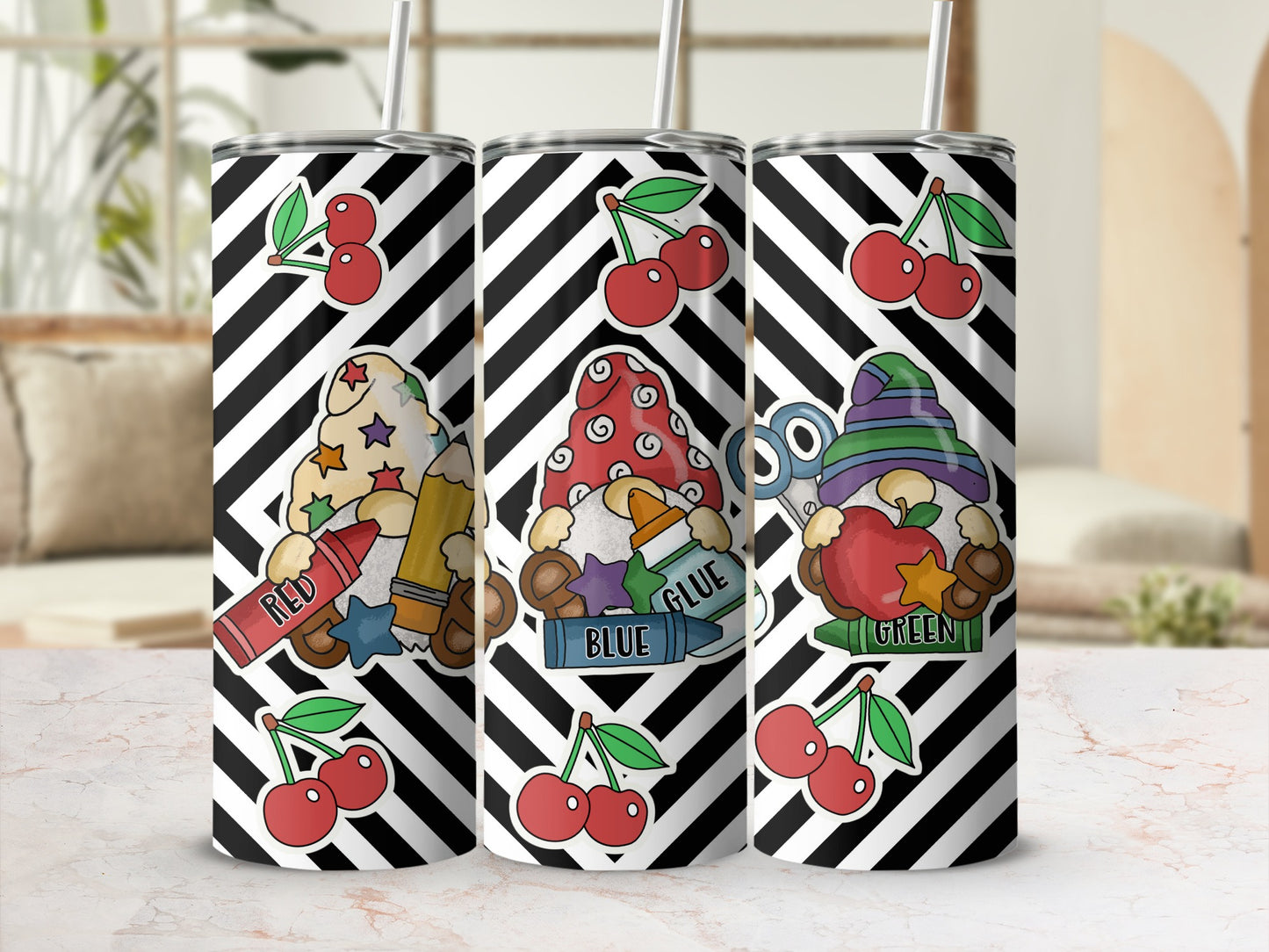 Three gnome tumblers with stripes, cherries, and school supplies.