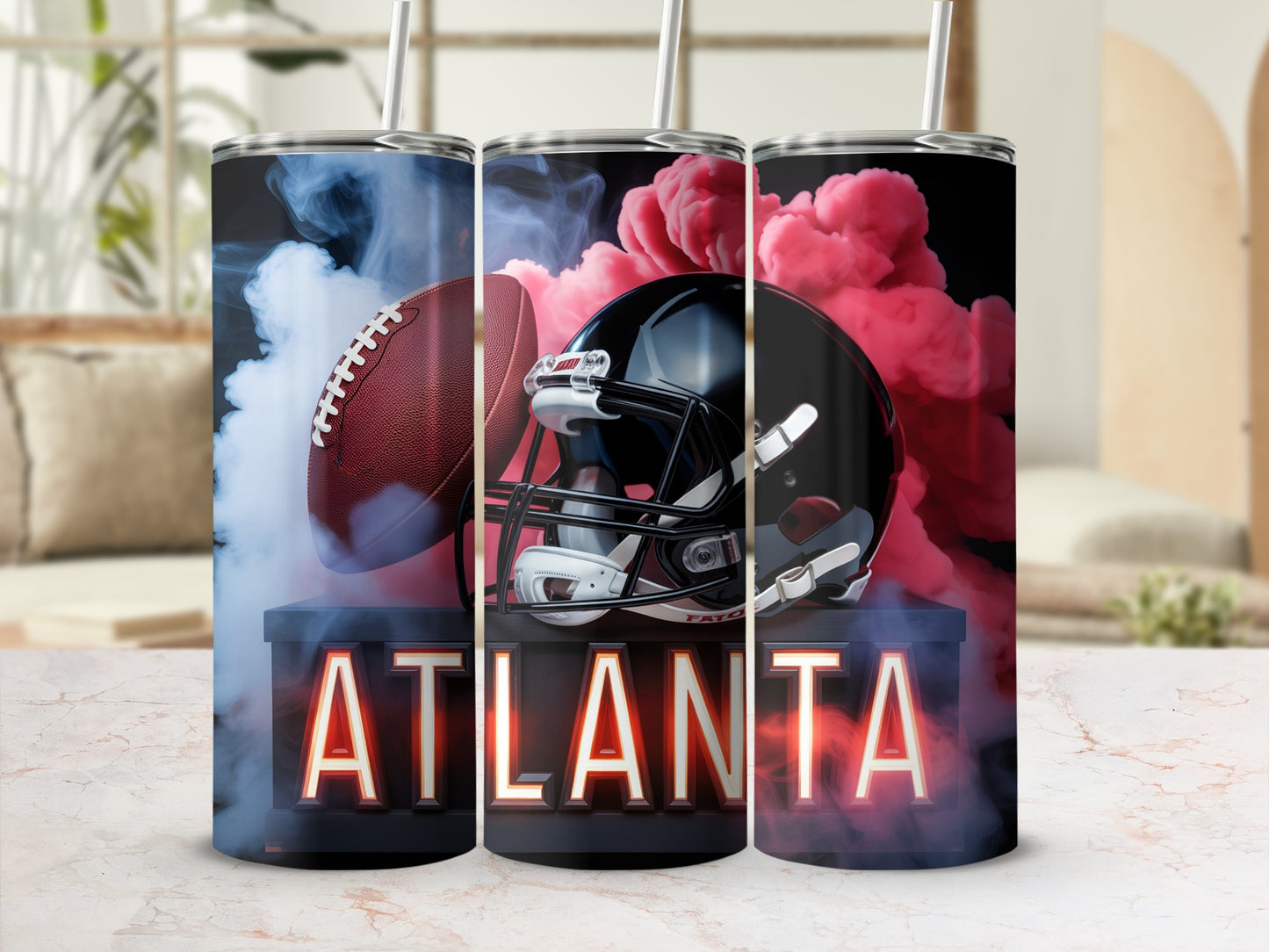 Tumbler with Atlanta Falcons football helmet and ball, surrounded by smoke.