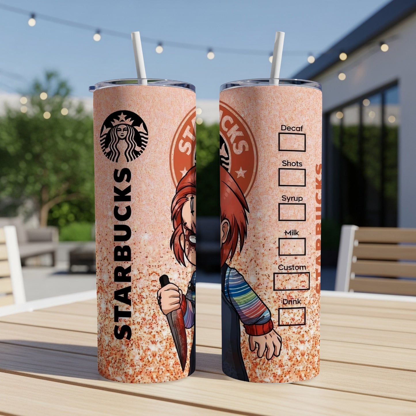 Chucky character design on a Starbucks tumbler with beverage options.