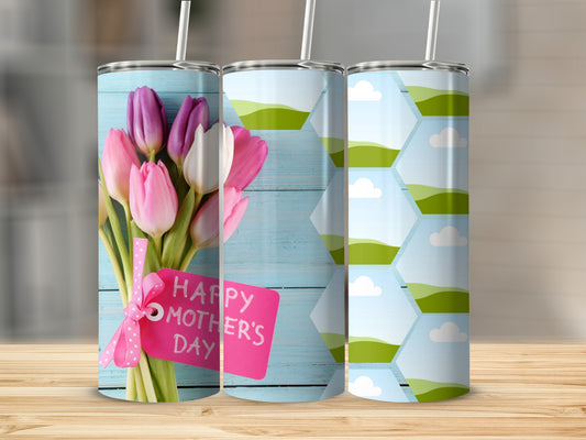 Three tumblers with Mother's Day tulips and a landscape design.