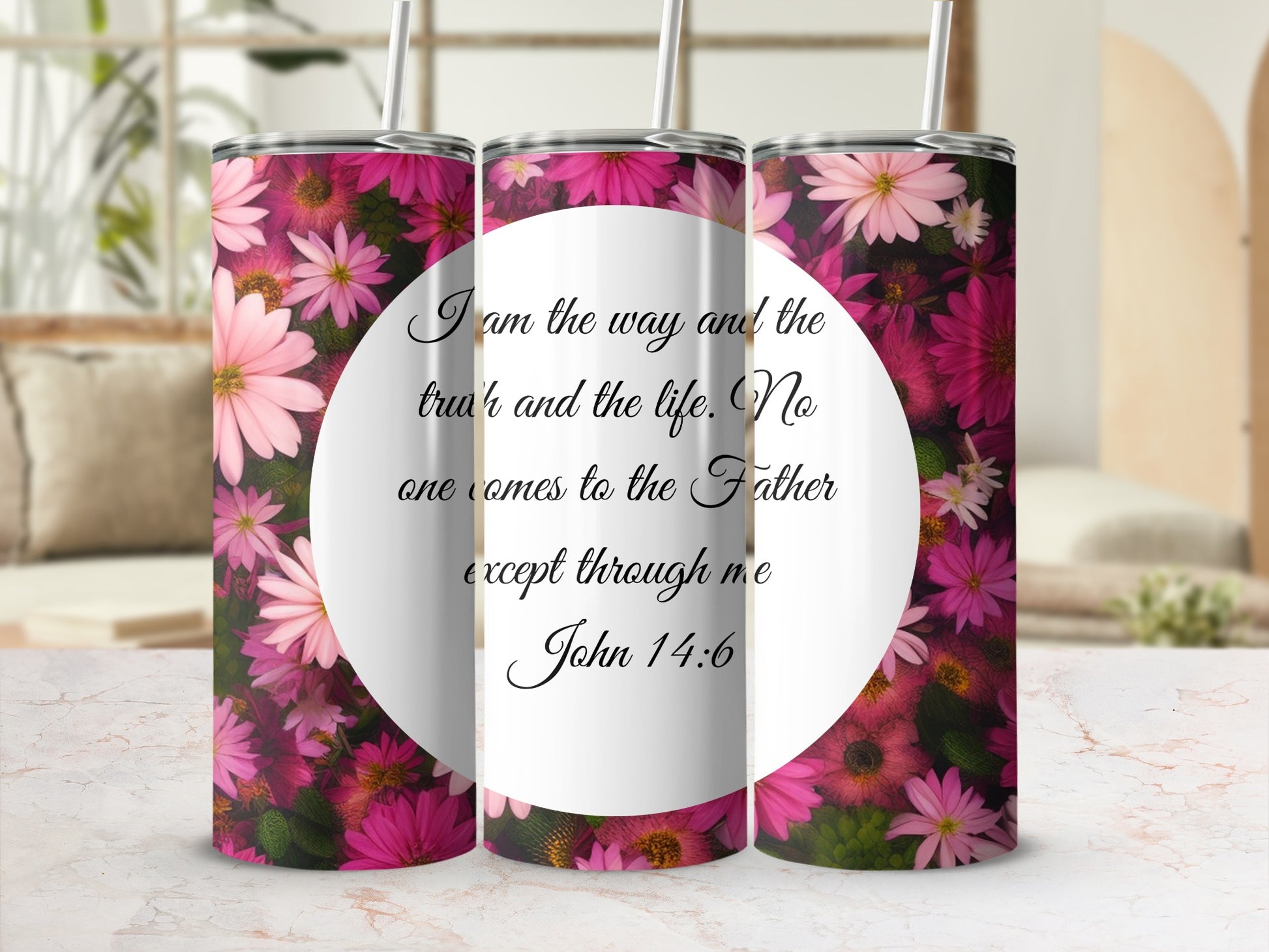 Floral Design Tumbler with John 14:6 Inspirational Quote