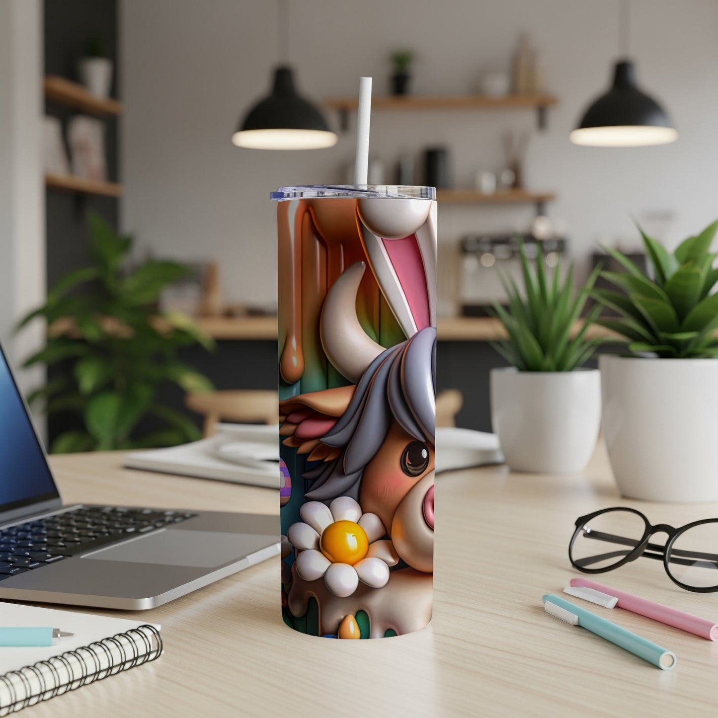 Cute cartoon bull with bunny ears and flower on a tumbler.