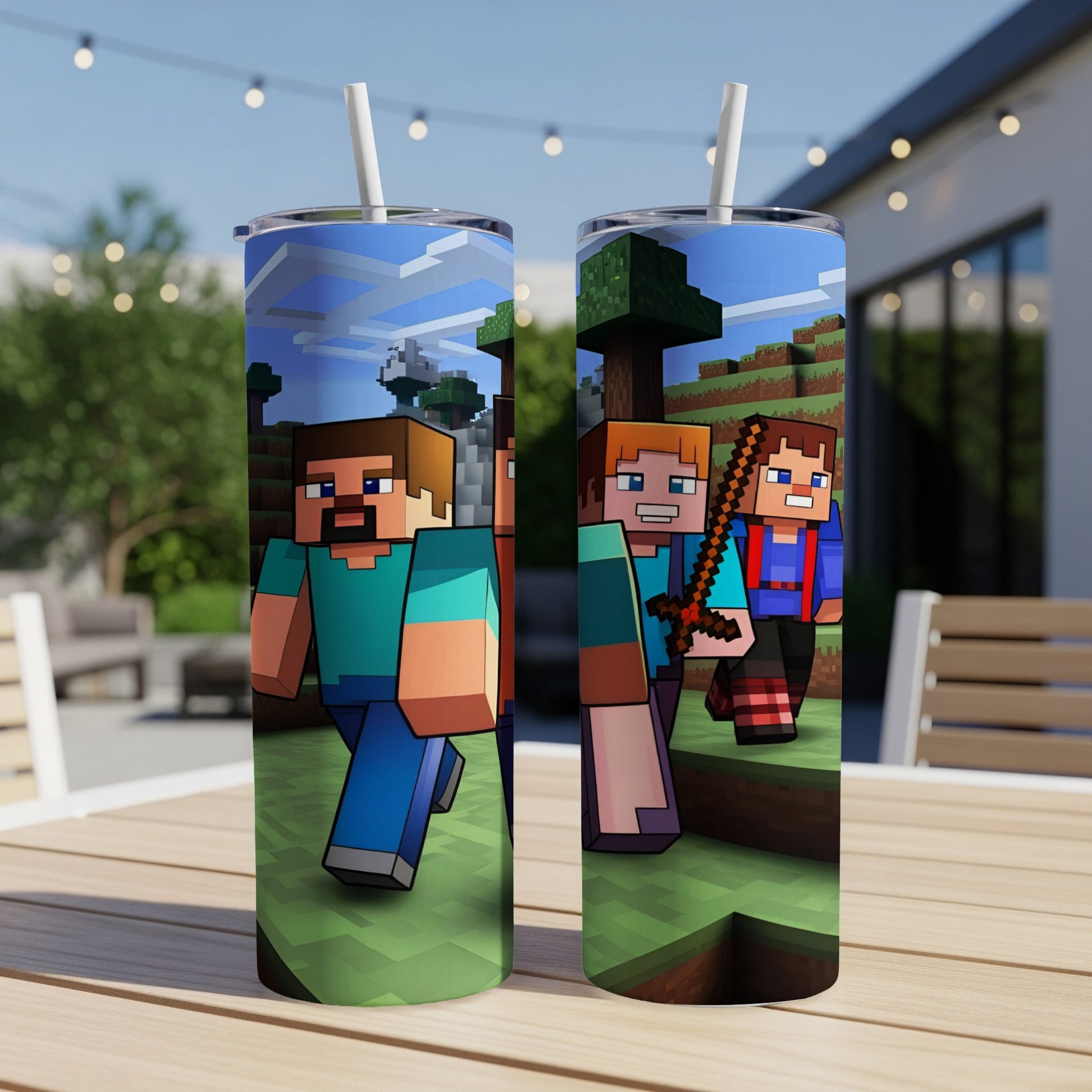 Two Minecraft characters walking on grass with trees and sky background.