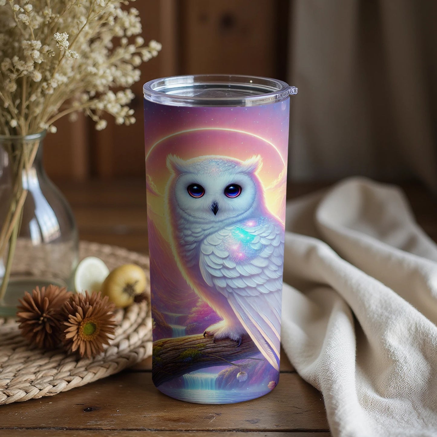 Enchanting White Owl Design Travel Mug Tumbler Gift