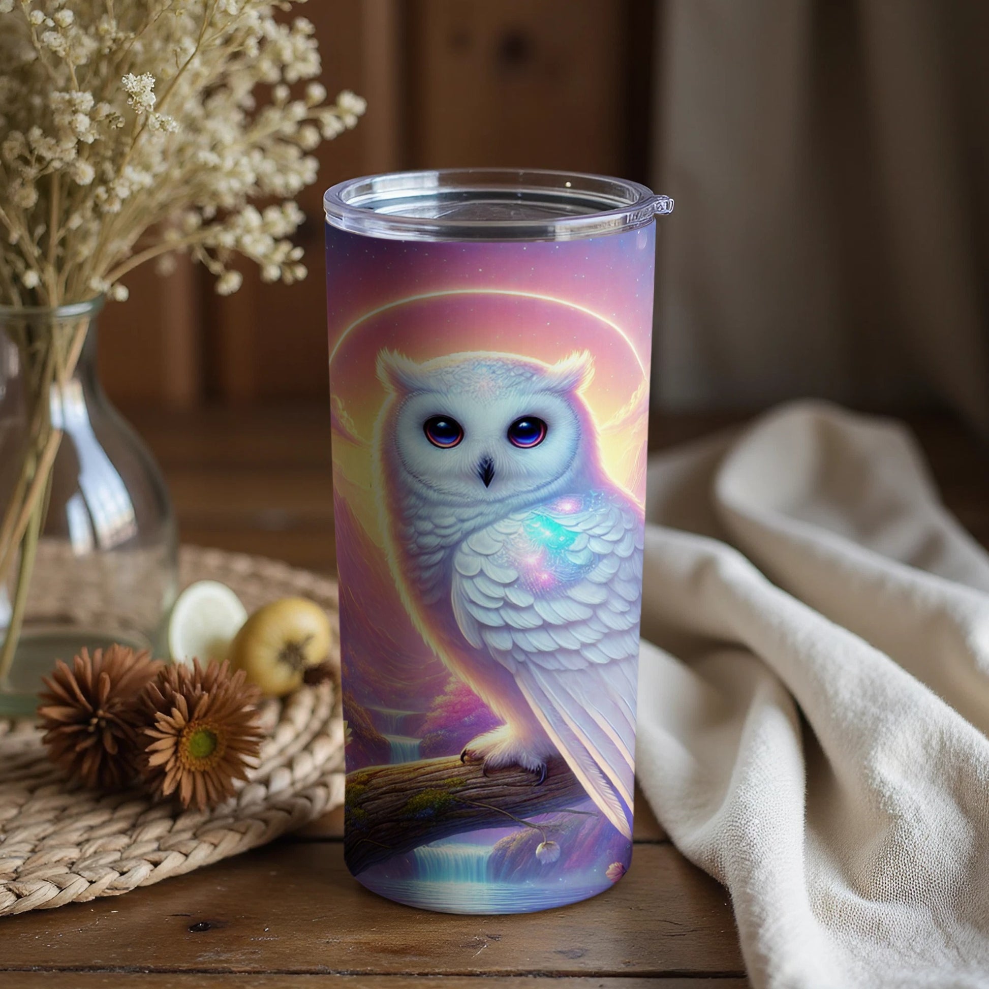 Enchanting White Owl Design Travel Mug Tumbler Gift