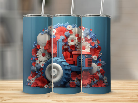 Tractor surrounded by red and white flowers on a blue tumbler.