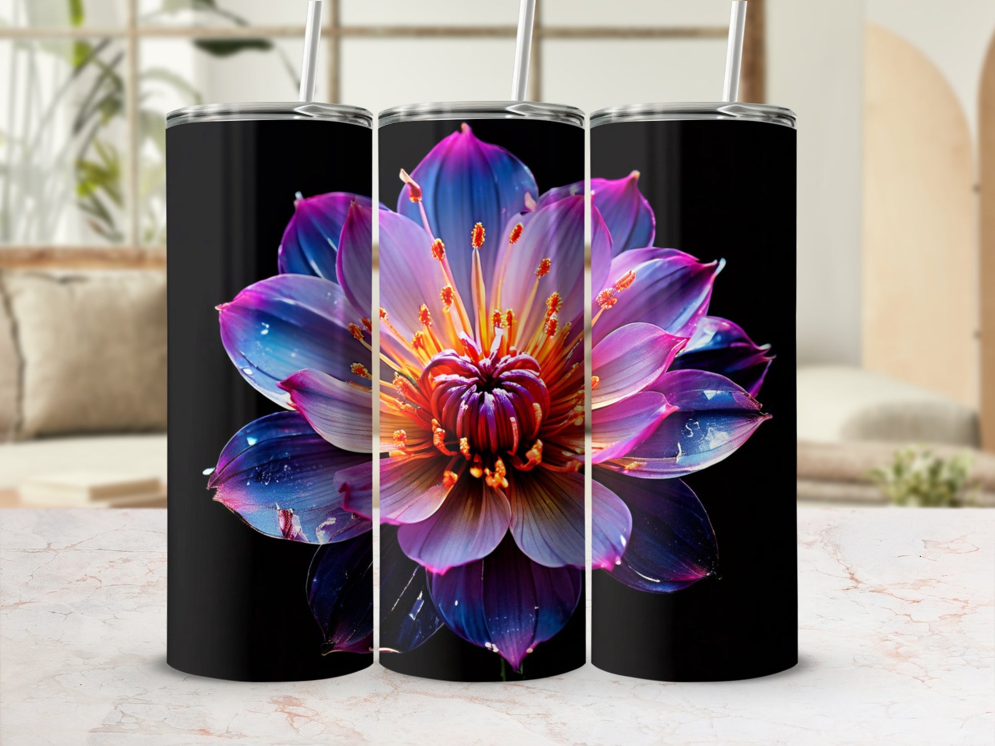 Three tumblers with iridescent floral print on black background.