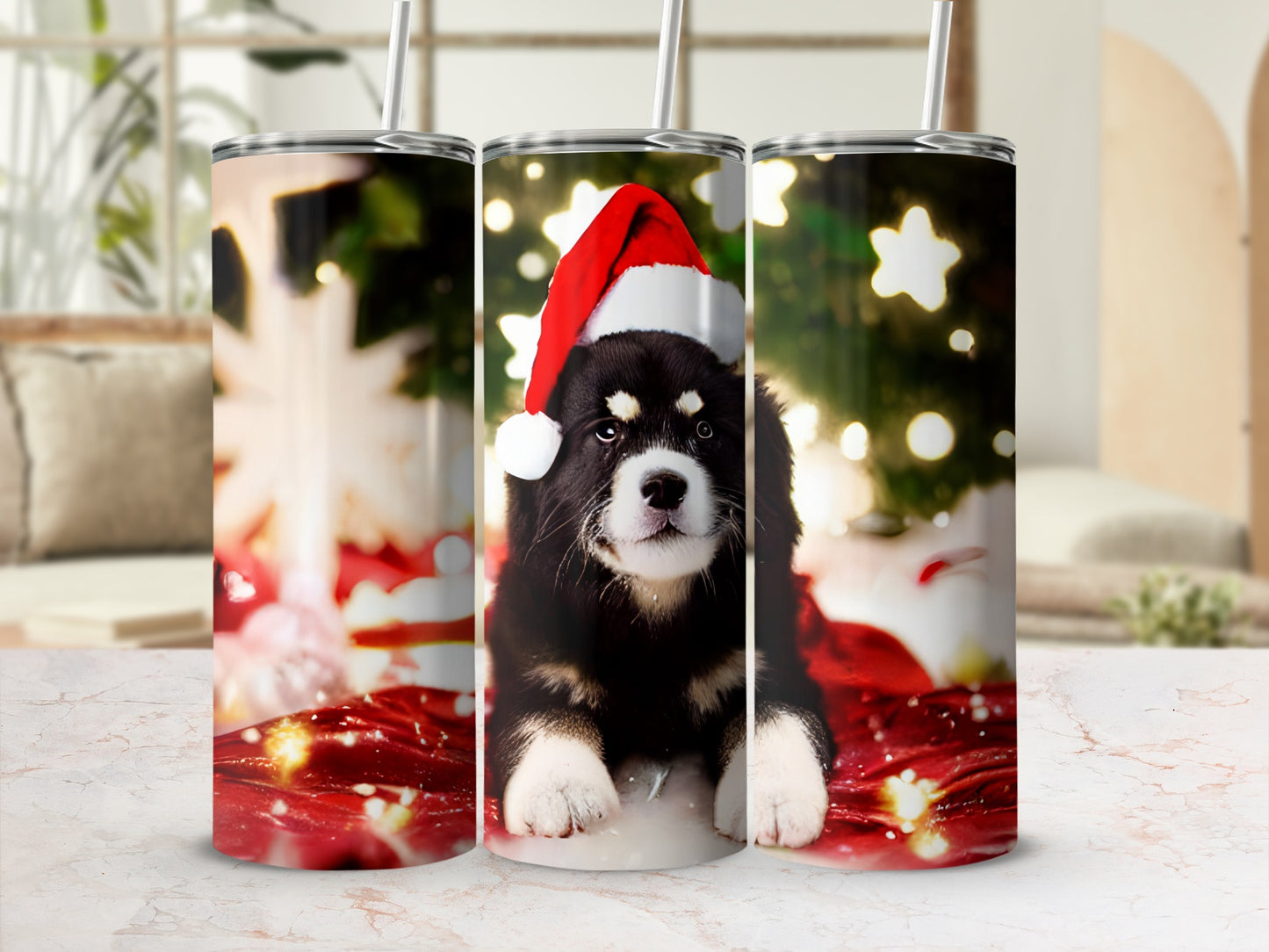 Black and tan puppy wearing a Santa hat on a festive, blurred background.