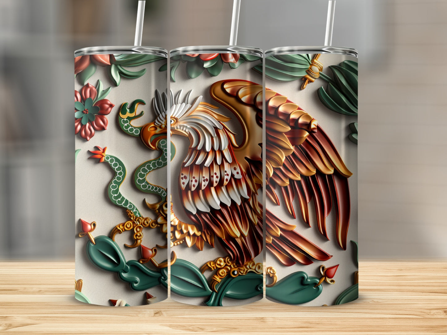 Triptych of tumblers featuring Mexican flag eagle emblem with floral accents.