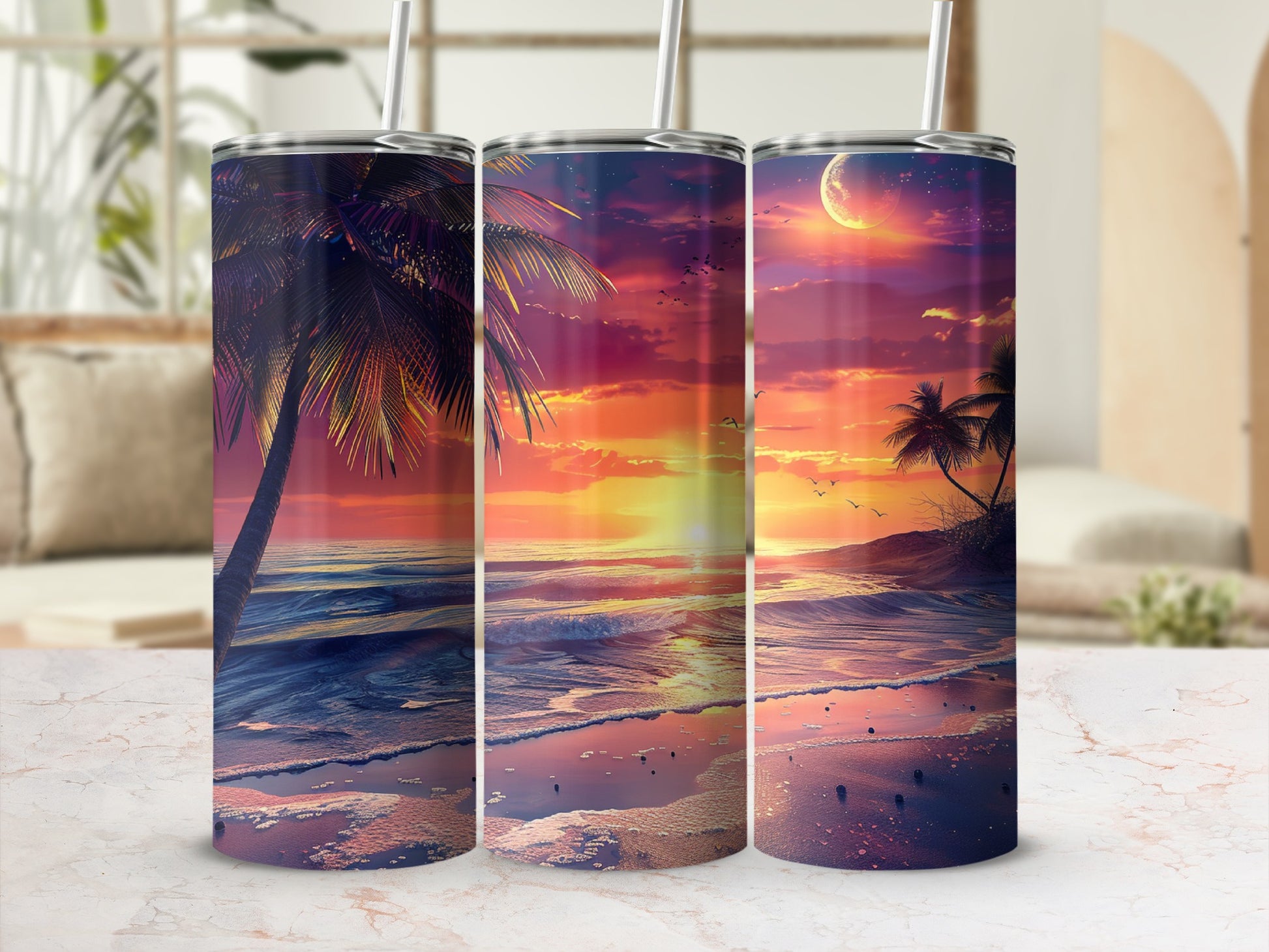 Three tumblers with a tropical sunset beach scene.