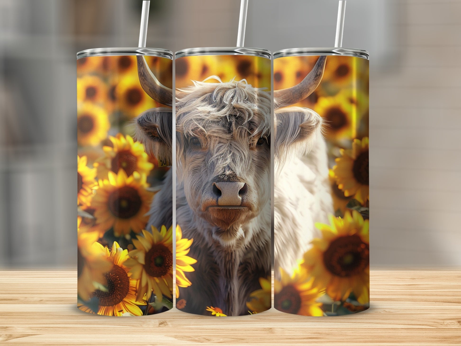 Highland cow portrait surrounded by sunflowers on three tumblers.