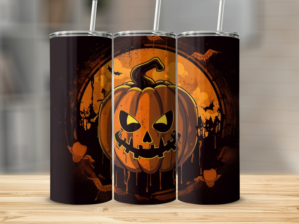 Three tumblers with a spooky jack-o'-lantern design and bats on a dark background.