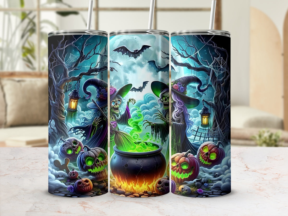Three tumblers featuring Halloween witches, cauldrons, pumpkins, and bats.