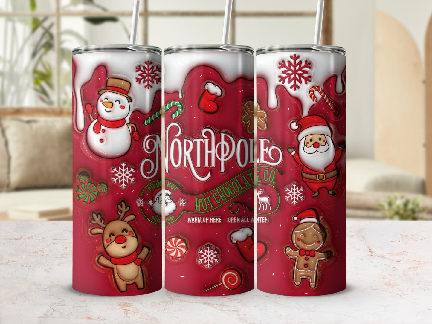 North Pole Hot Chocolate Santa Snowman Christmas Tumbler