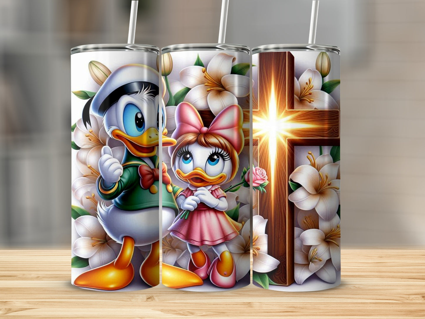 Cute Character and Cross Flower Tumbler with Straw