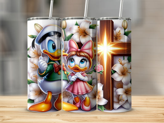 Cute Character and Cross Flower Tumbler with Straw